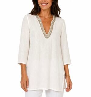120% Lino Rhinestone Beaded 3/4 Sleeve Linen Top Women’s Size 40 White